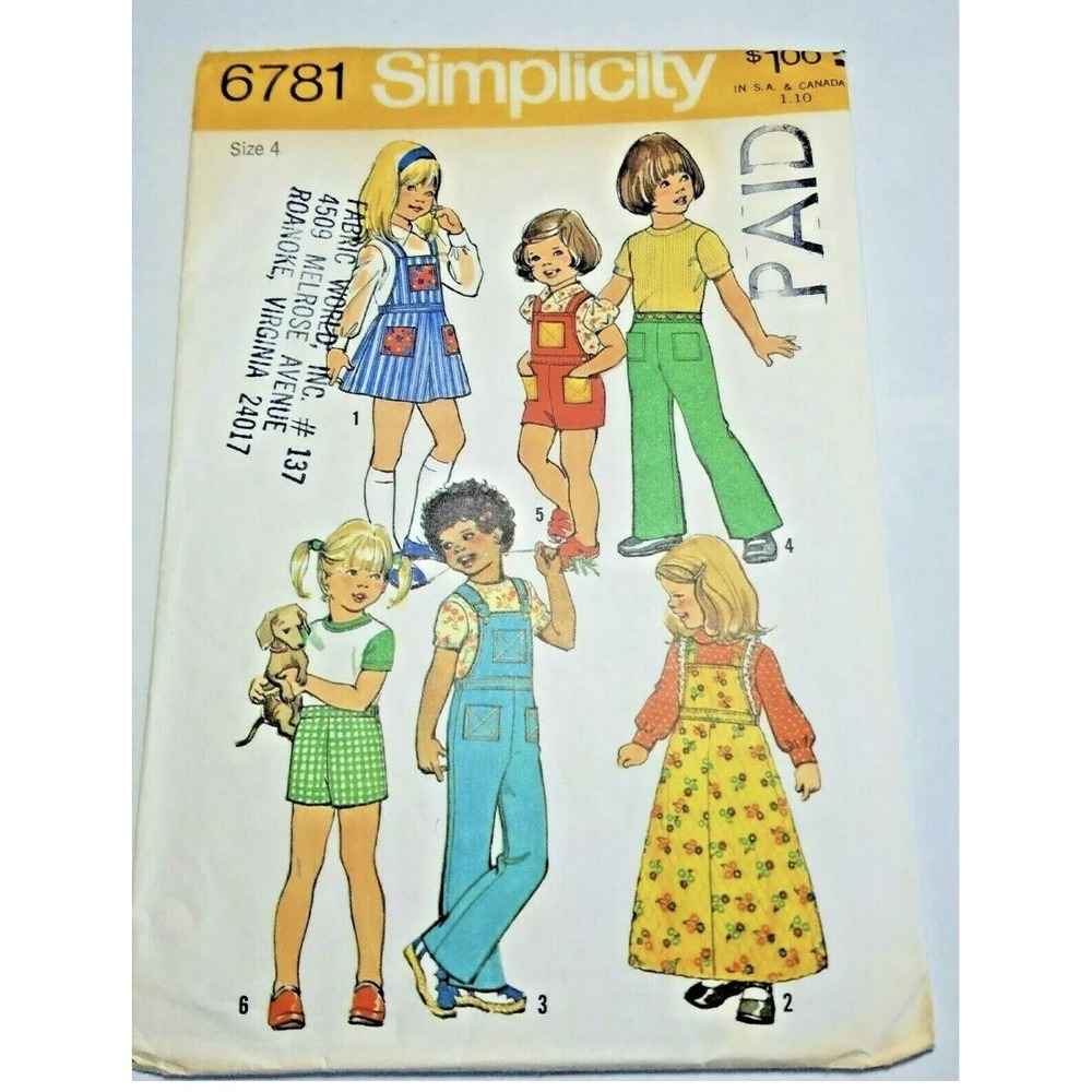 Vintage Simplicity 6781 Sewing Pattern Child Unisex Size 4 Skirt Pants Bib 1974